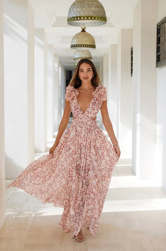 Margaux | Blommig maxi-sommarklänning med volanger på ärmarna